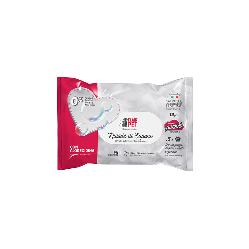 Flair Pet Salviette Detergenti Nuvole di Sapone Pocket con Clorexidina 12pz