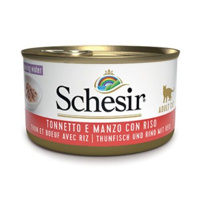 Schesir Cat Linea Double Taste Tonnetto con Manzo e Riso in Acqua di Cottura Lattina 85 gr