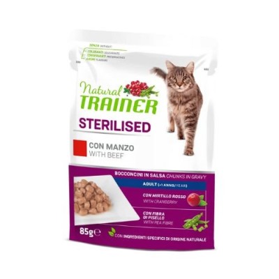 Natural Trainer Cat Adult Sterilised con Manzo Bocconcini in Salsa Busta 85 g