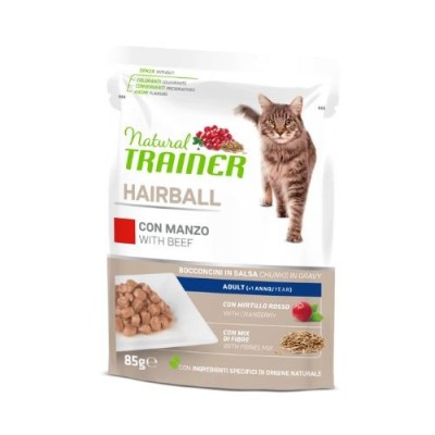 Natural Trainer Cat Adult Hairball con Manzo Bocconcini in Salsa Busta 85 g