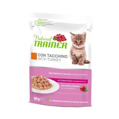 Natural Trainer Cat Kitten e Young con Tacchino Bocconcini in Salsa 85 g