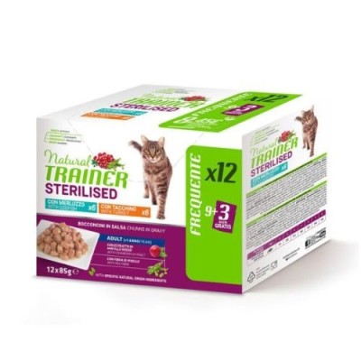 Natural Trainer Cat Adult Sterilised Tacchino e Meluzzo Multipack 12x85 g