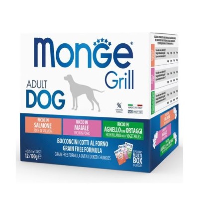 Monge Dog Grill Bocconcini in Jelly Adult Multipack - 12x100 gr con Agnello con Ortaggi, Maiale, Salmone