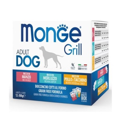 Monge Dog Grill Bocconcini in Jelly Adult Multipack - 12x100 gr con Pollo e Tacchino, Manzo, Merluzzo