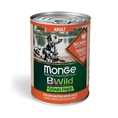 Monge Dog BWild Grain Free Adult All Breed con Tacchino Zucca e Zucchine Bocconi in Salsa 400 g