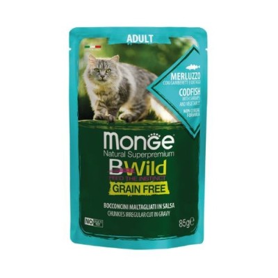 Monge Cat BWild Adult con Merluzzo Gamberetti e Ortaggi Busta 85gr