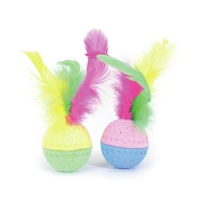 Camon Gioco per Gatti Palline Colorate in Spugna con Piume 6cm
