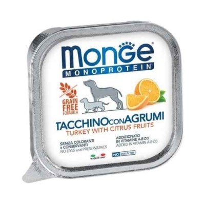 Monge Dog Patè Monoproteico Tacchino e Agrumi Vaschetta in Patè 150 g