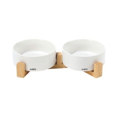 M-Pets Ciotole in Ceramica con Piedistallo in Bamboo Opera Design Bianco 2X850ML