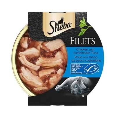 Sheba Filets per Gatti Pollo al Naturale con Tonno da Pesca Sostenibile Vaschetta 60g