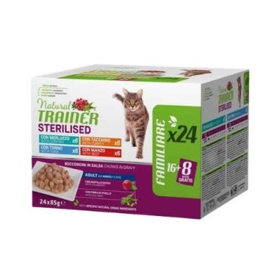 Natural Trainer Cat Adult Sterilised Multipack Tacchino Merluzzo Tonno e Manzo Multipack 24x85 g