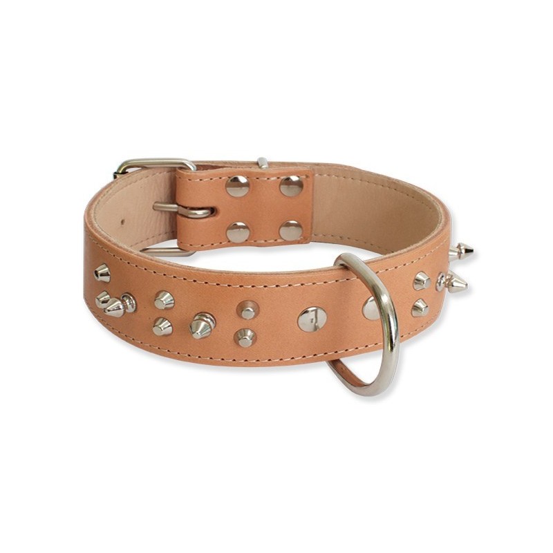 Enjoy Pets Collare In Vera Pelle Con Triple Borchie Colore Natural